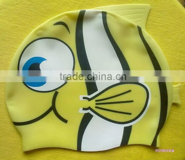 color silkscreen printing cartoon goldfish silicone swimming caps for children