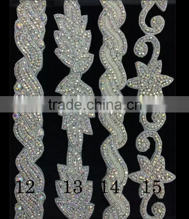 New Design Bridal Beaded Rhinestone Trimming Applique For Wedding Sash Crystal Bridal Applique For Wedding Dress