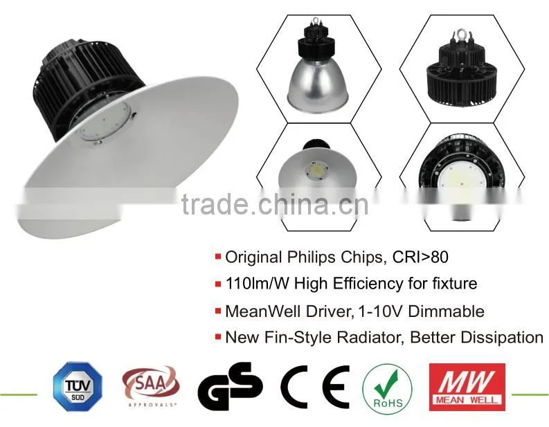 CE ROHS TUV SAA GS Listed IP65 waterproof and dustproof 5 year warranty 250W led high bay light with MeanWell driver