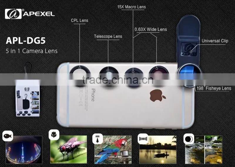 external camera lens for android phone 0.63x Wide Angle+15x Macro+198 fisheye+2x zoom+Filter 5 in 1 phone lens kit