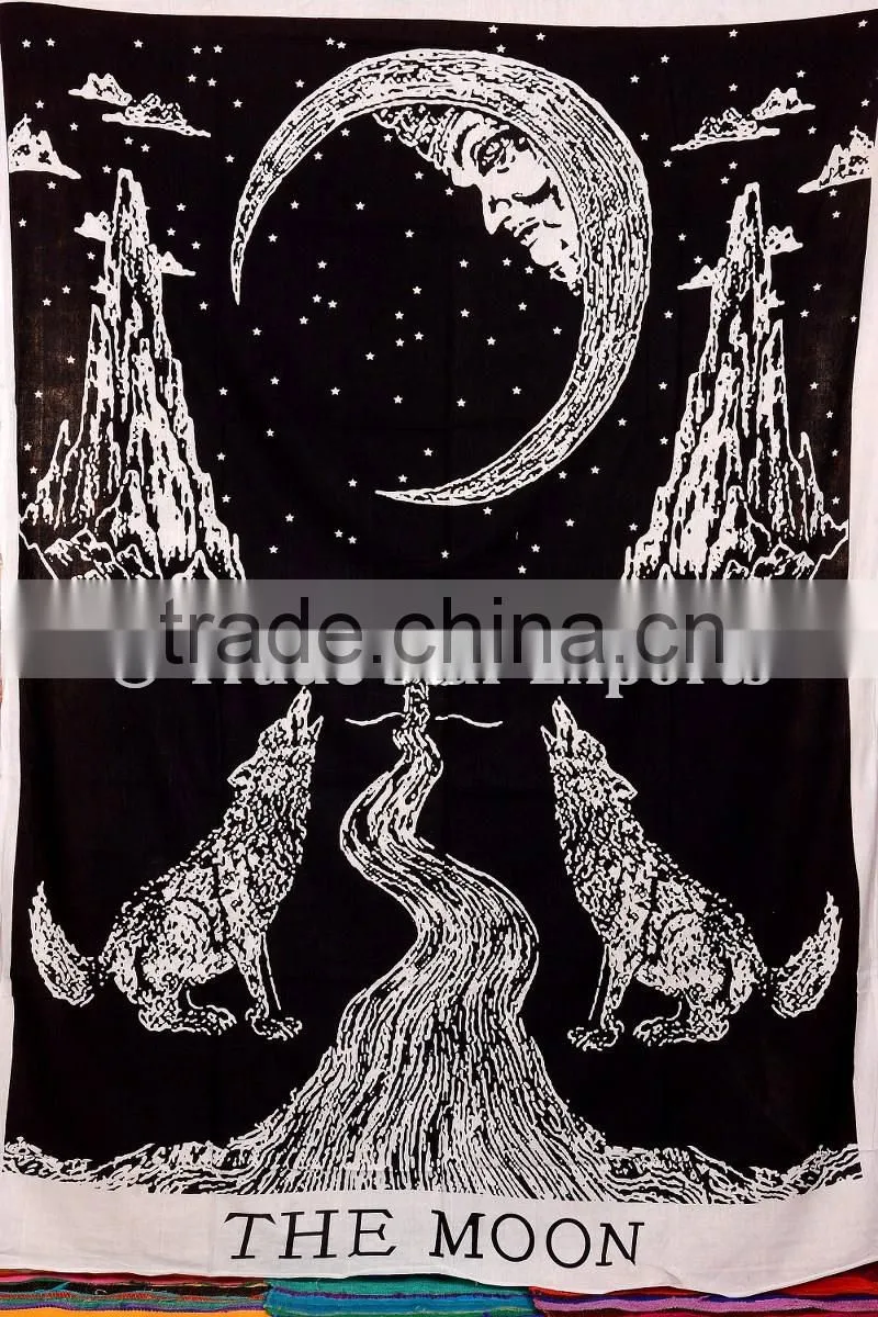 Indian Printed Wholesale Tapestry, Wolf Wall Hanging, Moon Hippie Beach Blanket, Boho Picnic Throw