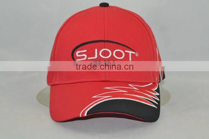 Guangzhou hat factory professional custom 6 panel / 100% cotton / / embroidery logo/brim gear shape/red baseball cap