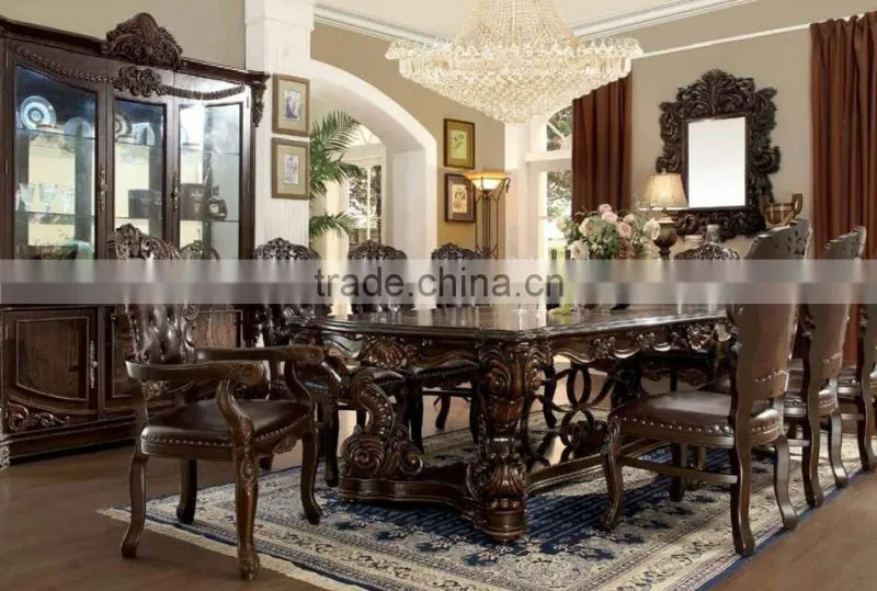 French Royal Style Solid Wood Round Dining Table Set With Upholstery Dining Chairs And Side Board Sets(MOQ=1 SET)