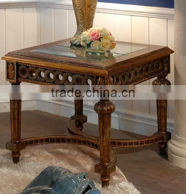 Exquisite Carved Wooden Side Table, Antique Gold Painting Coffee Table With Glass Top, Classical Style Living Room Square Table