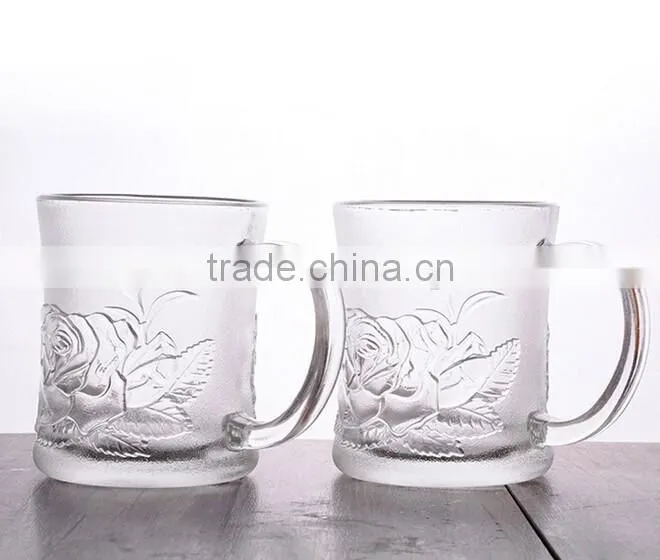 Haonai top quality frosted with embossed glass mug with handle,pass FDA,CA65