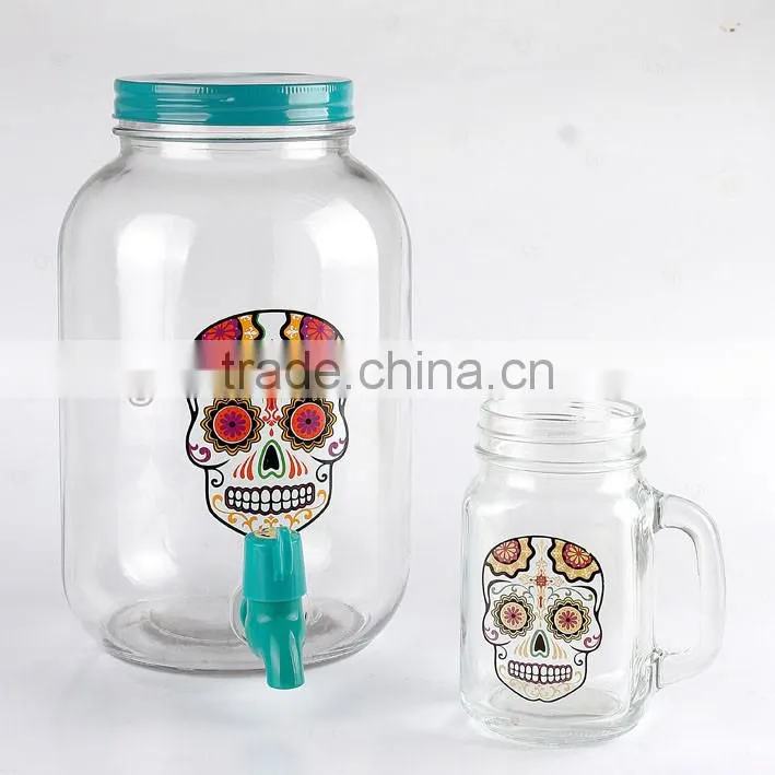 3L Happy Halloween Skull Glass beverage dispenser and mason jar