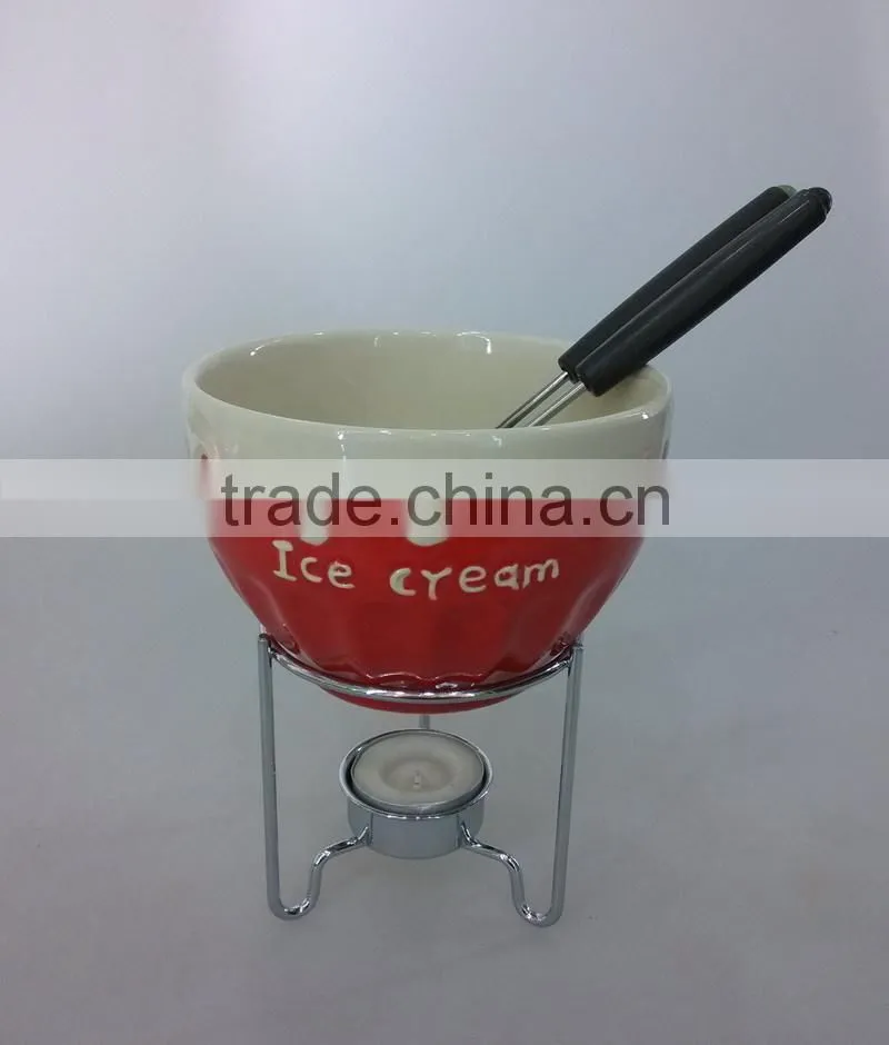 ceramic colored chocolate fondue warmer with metal rack