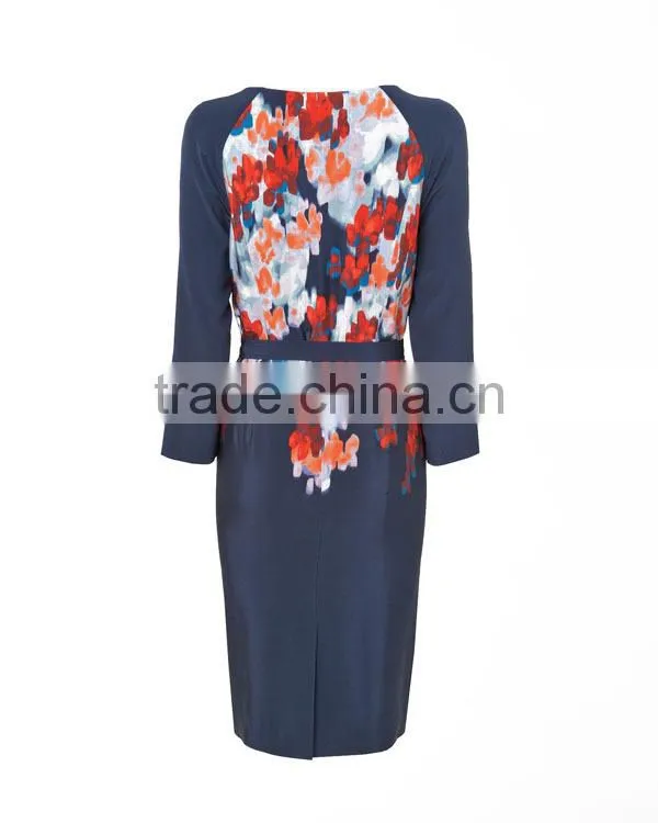 Ladies' silk flower print half sleeves slim with belt good quality and dress manufacturer dress names