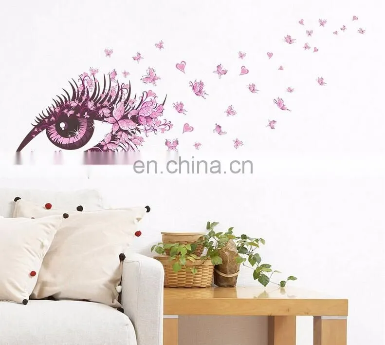 Pink Eye with Pink Butterfly and Heart PVC Wall Sticker Home Decoration Mural Roon Decal