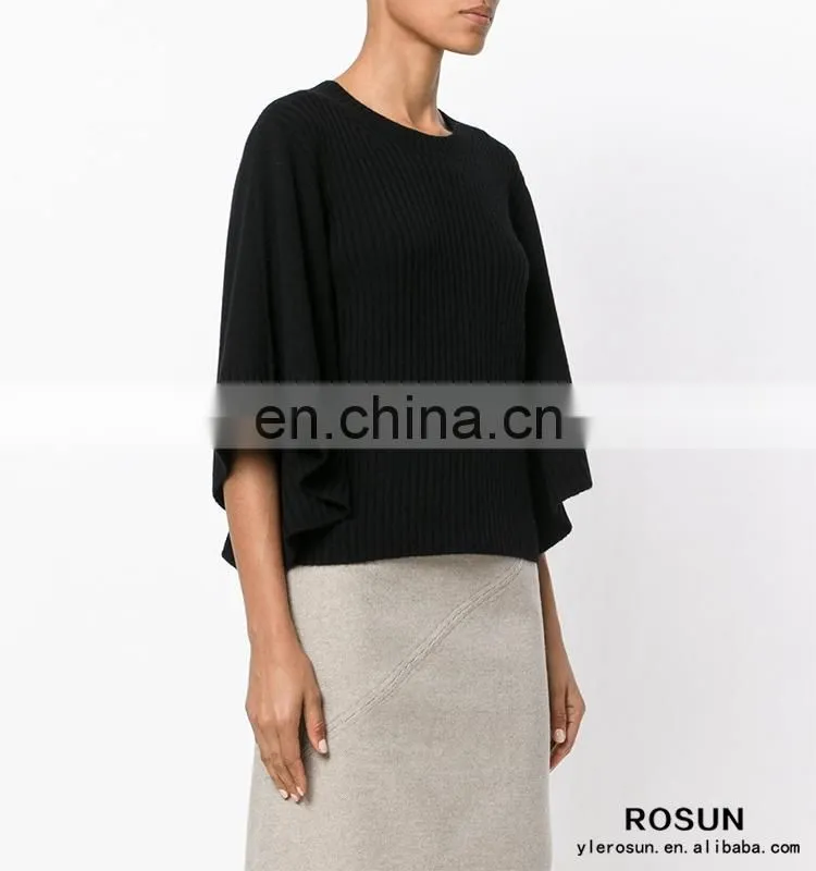 Women crew neck cashmere bat sleeves knitted ribbed top