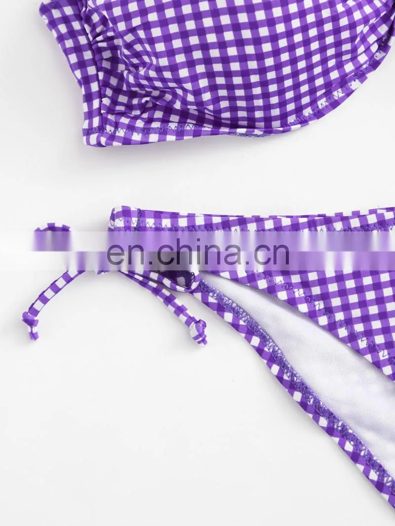Tie Side Halter Gingham Print Bustier Bikini Set