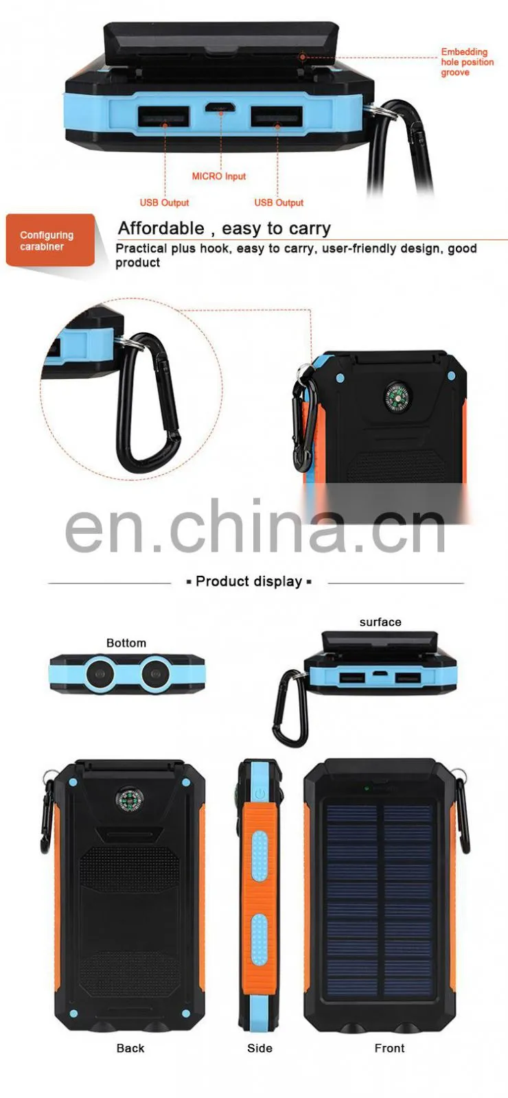 Amazon Hot Selling 8000mah, 10000mah external solar power bank waterproof battery charger portable charge