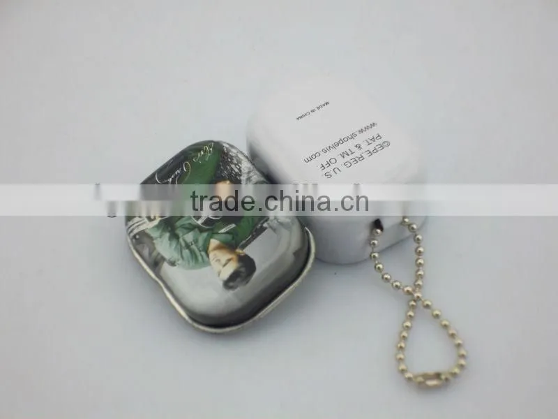 Dongguan wholesale cute hinged tin can with chain rectangle tin box with chain