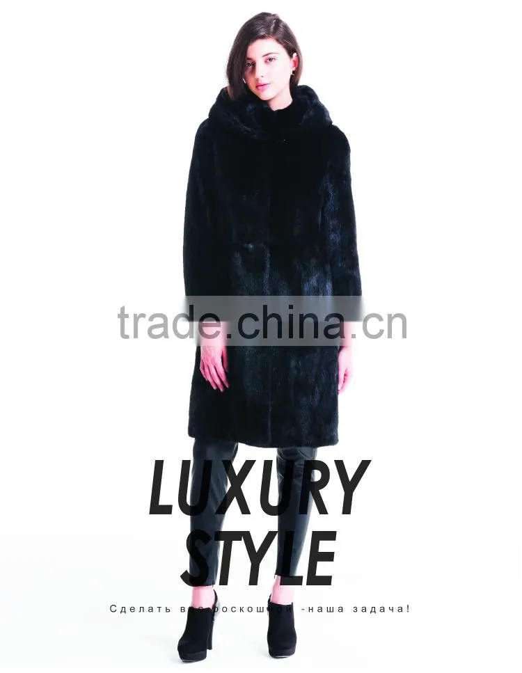 2015 New Design Medium Length Winter Women Coat With Mink Fur Hat Overcoat
