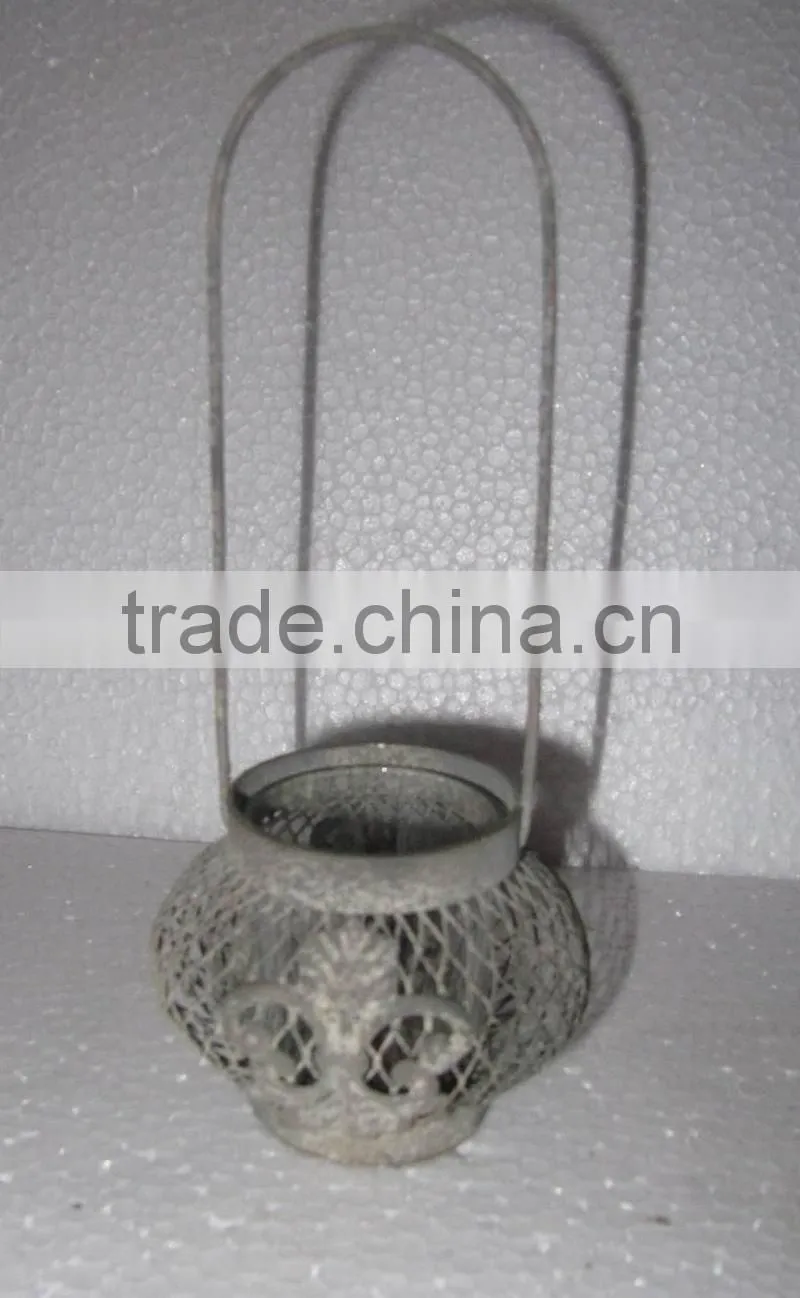 KS4318F- round metal wire basket candle lantern w/hanger