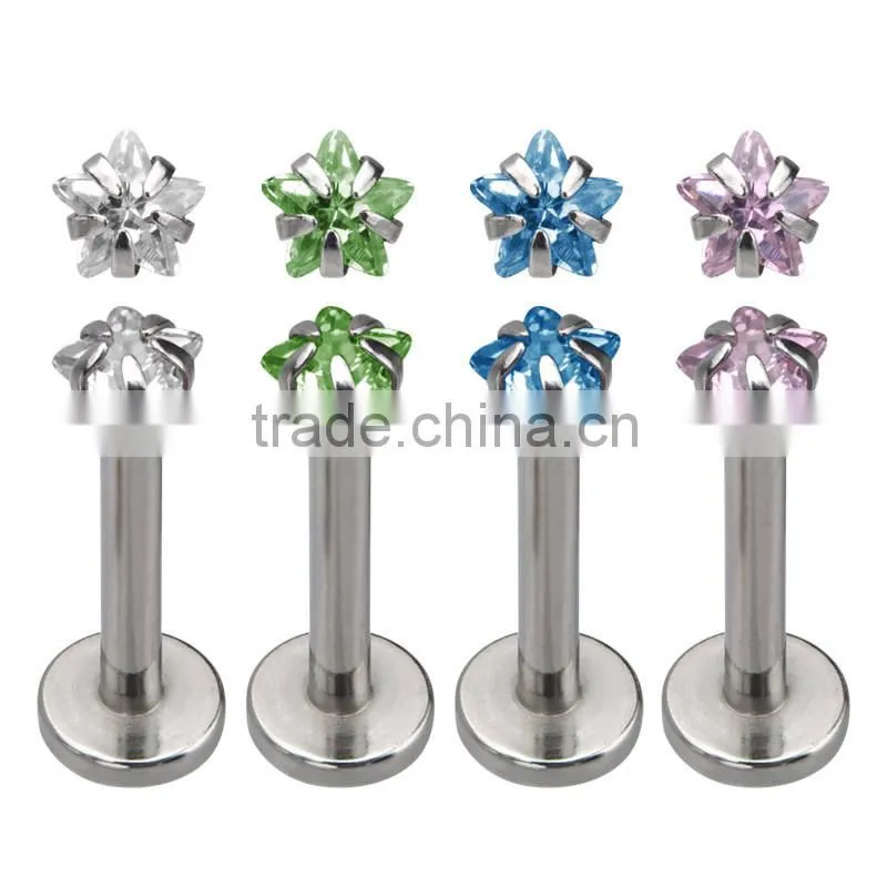 316L Internally Threaded Flat Back Labret Stud With Prong Set Star Gem