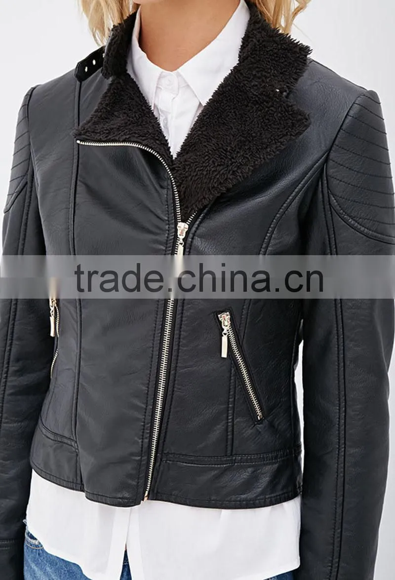 Wholesale pu fashion women leather winter motorbike jacket
