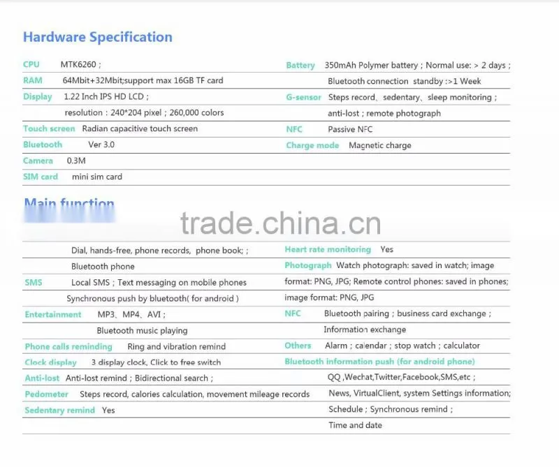 KW08 2016 hot product Smart Watch Smart Phone NFC BLUETOOTH OEM