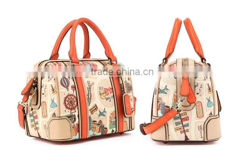 Fashion Pu leather women bag canvas tote bag with colorful pics printing