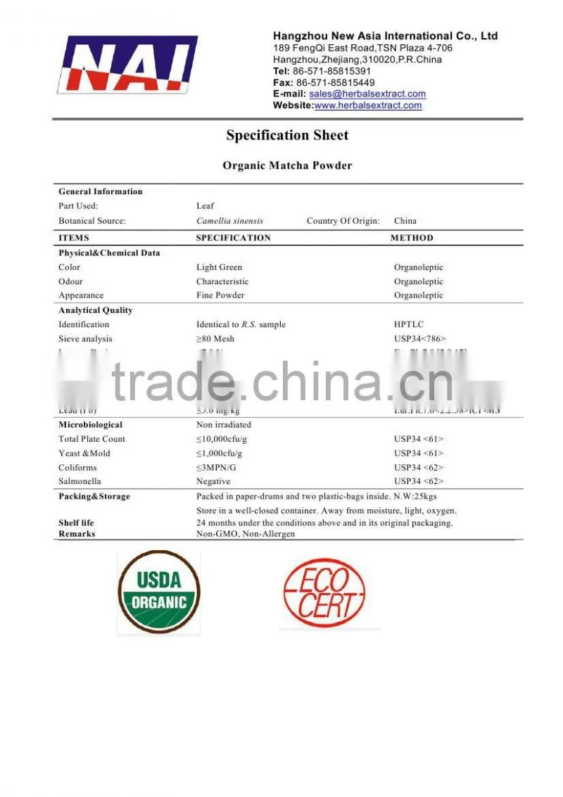 Organic Matcha Powder,NOP EOS Organic,100% ID,Non-Irradiation,Low Contaminants of Aflatoxin,PAHs,Heavy Metal