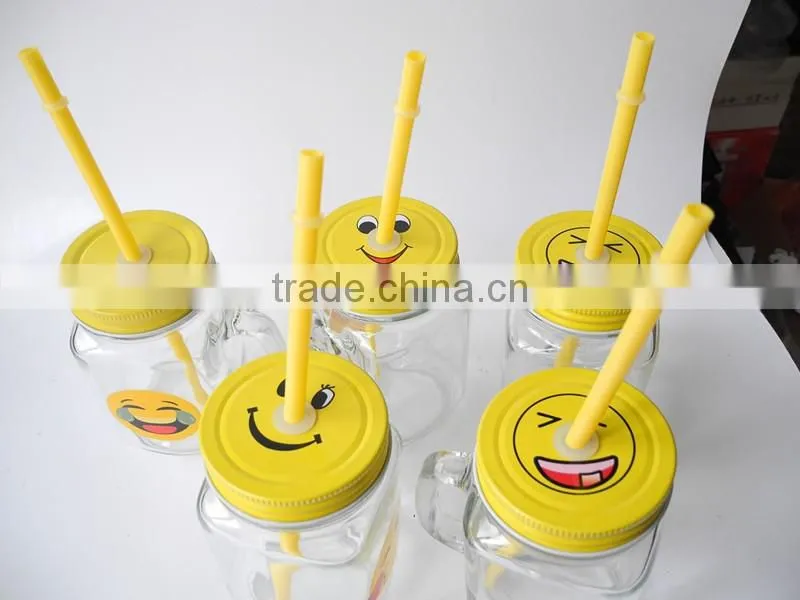 cute emoji smile face decal glass beverage handle mug with yellow lid