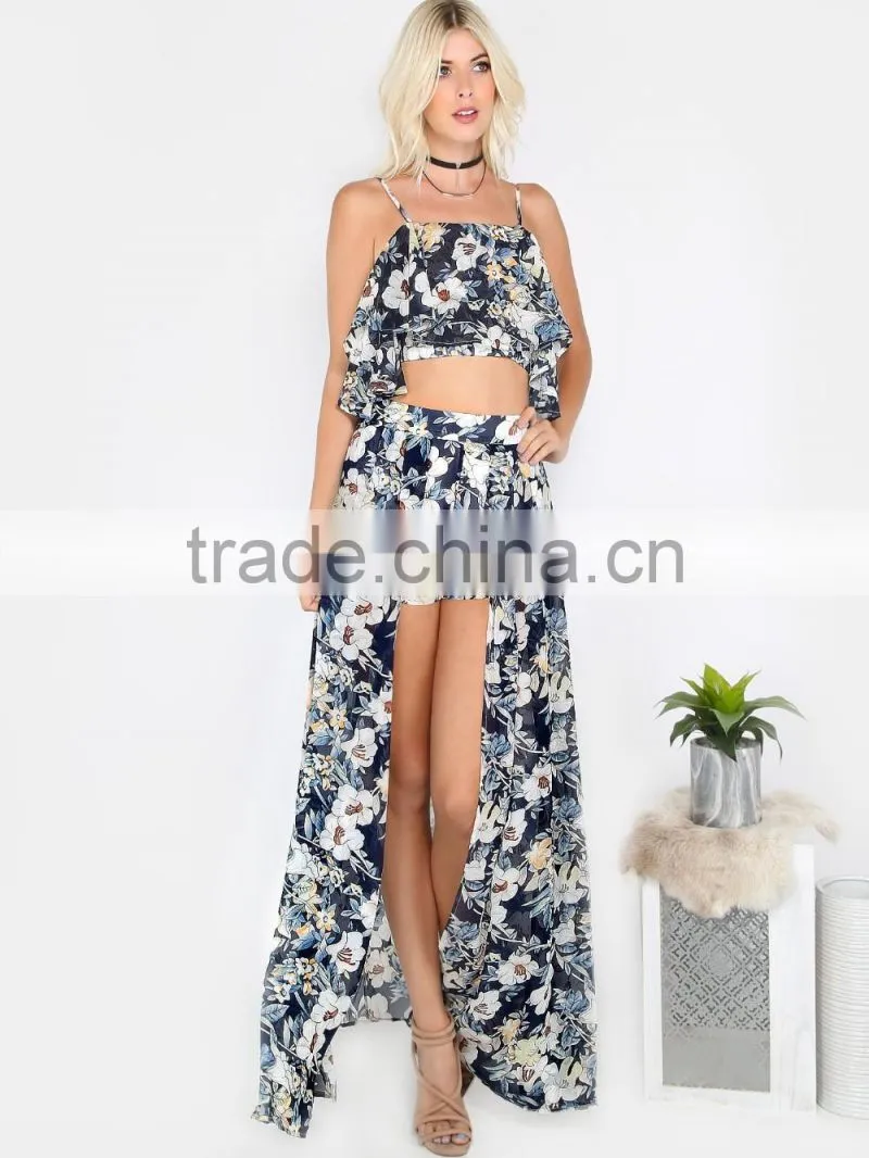 Summer fashion boho clothing latest floral print skirt blouse for ladies