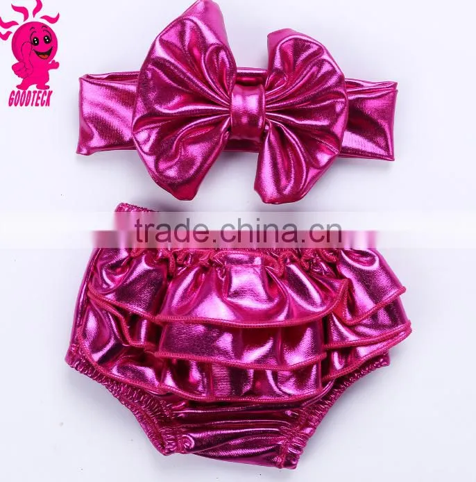 Infant baby solid Gold metallic bloomer shorts ruffle girls Bloomer with Headband Set