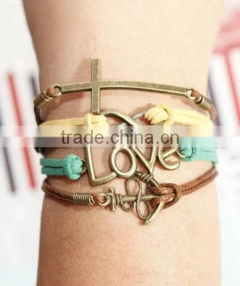 heart to heart bracelet, love with green flocking leather,brown baided Leather bracelet, friendship charm bracelet