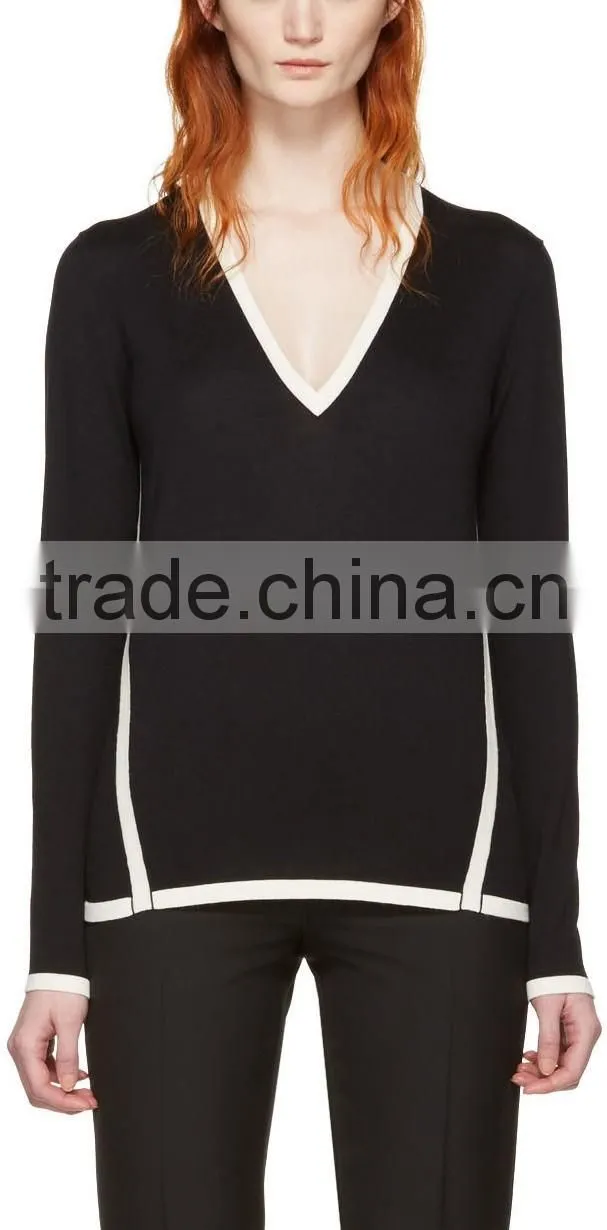 High Quality Long Sleeve Rib Knit V-Necked Black and White Contrast Women Pullover