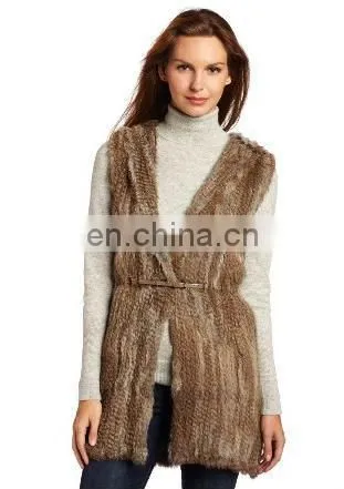 women's long rabbit fur knnited vest with hood