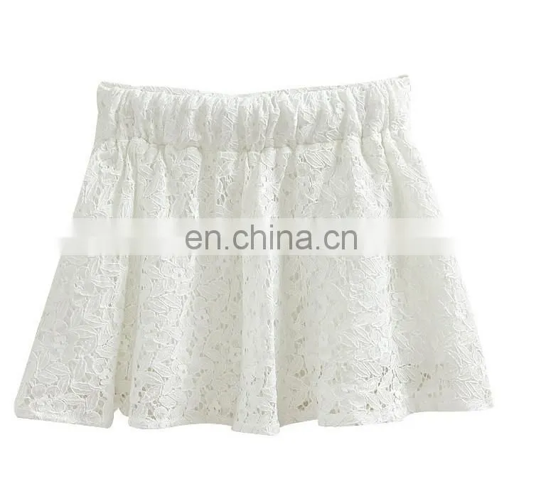 Lady fashion high elasthan waisbank white lace pleated mini skirt
