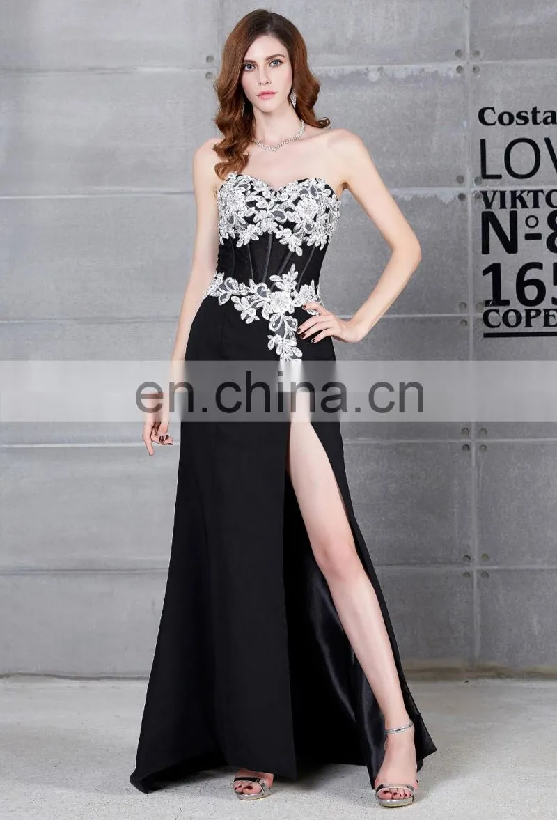 Grace Karin Hot Sale Sweetheart Neckline Chiffon Split Leg Long Black Lace Prom Dress CL7519