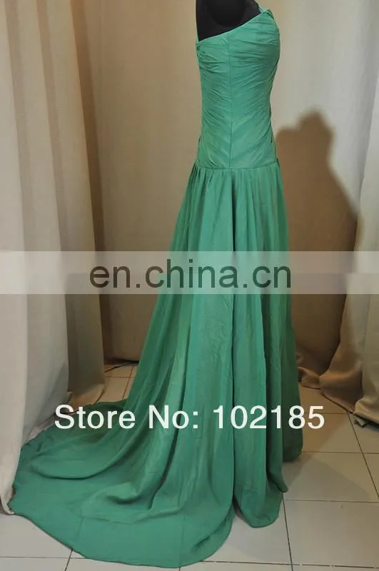 Watch!!! Real Photo!!! A-line Floor Length One Shoulder Chiffon Lime Green Evening Dress DE212