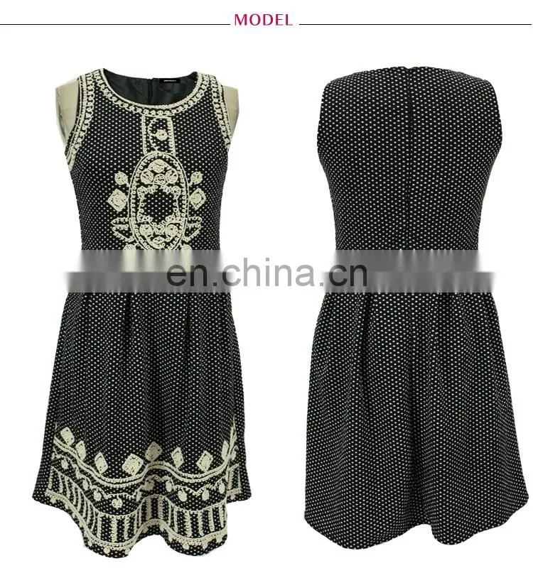 2017 Summer Casual Knitted Dress Border Embroidered Dot Printed Sleeveless Braces Dress for Women