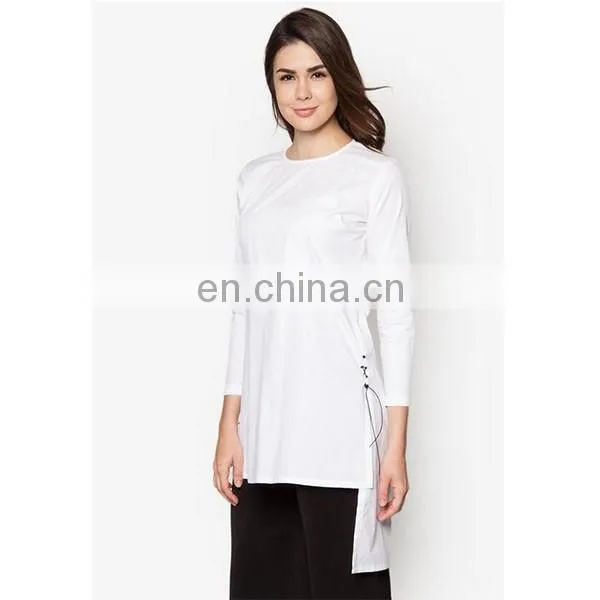 New Arrival Side Slit Tunic With Leather Cord Fashion Long Sleeve Muslim Top