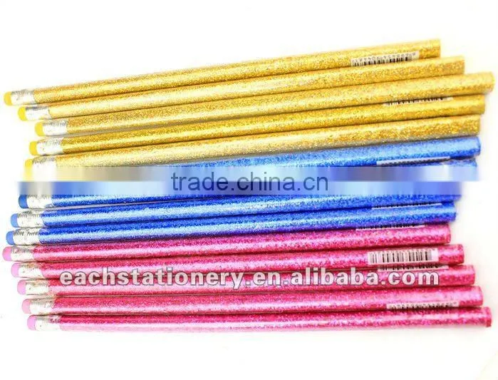 2015 new arrival HB triangular pencil glitter pencil, shrink film with color eraser