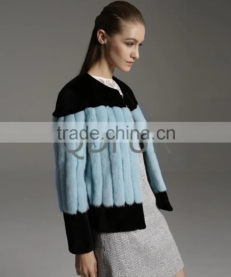 QD80735 Ladies Luxurious Vertical Bar Natural Mink Fur Jacket