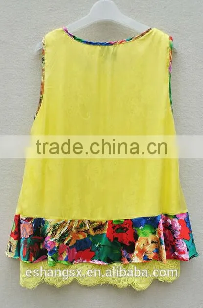 Ladies fashion chiffon printed yellow dress