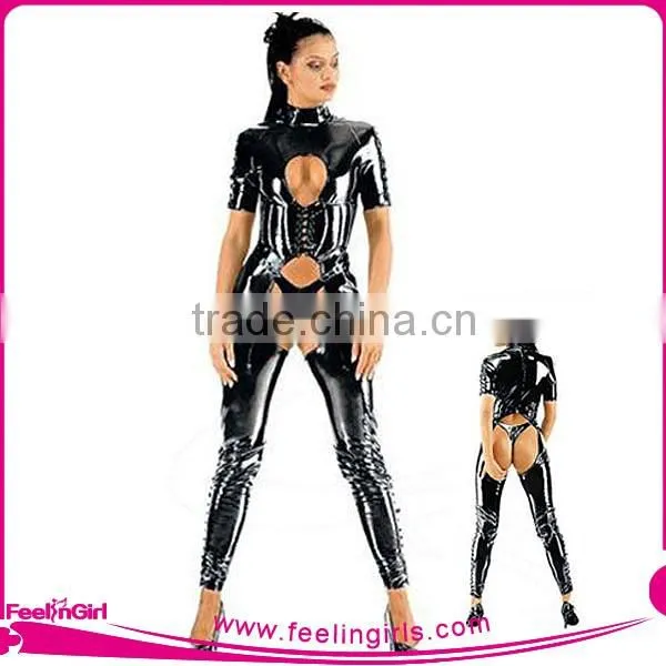 Black & Blue Leather Bodycon Dress Bodysuit For Women