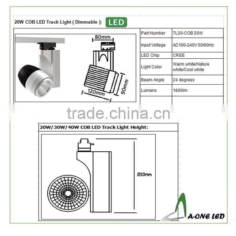 Wholesale price silver colour 4-pin dimmable led COB 20W LED Track Lights with 3 years warranty