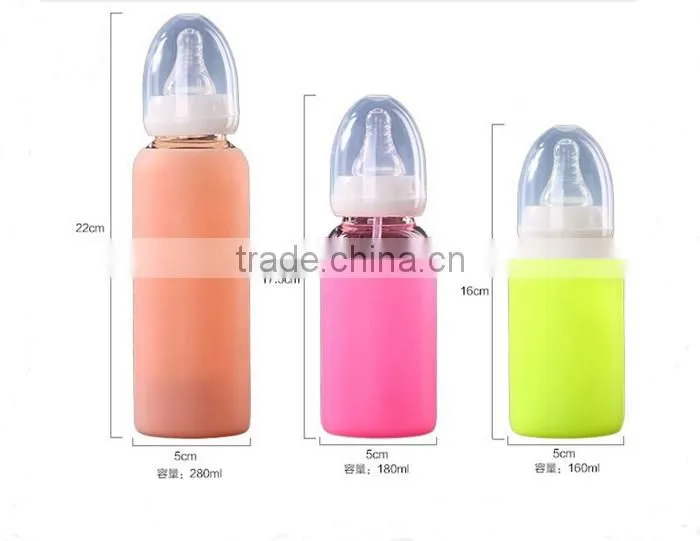 High quality cute baby feeding bottle,food grade BPA free baby feeding bottle,silicone glass milk bottle for baby feeding