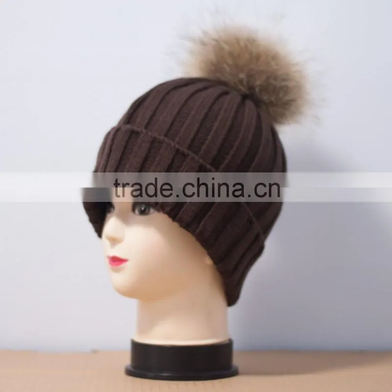 KH1214 Knitted full raccoon fur pompom wool hat