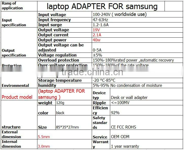 laptop adapter mini for samsung 19V 2.1A 5.5*3.0mm 40W power supply ac dc power charger