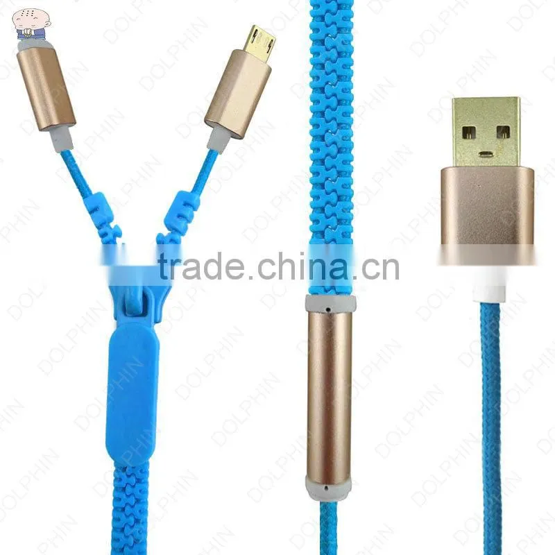 China factory wholesale 2 in 1 usb data cable fluorescent illuminated material flat zipper usb cable