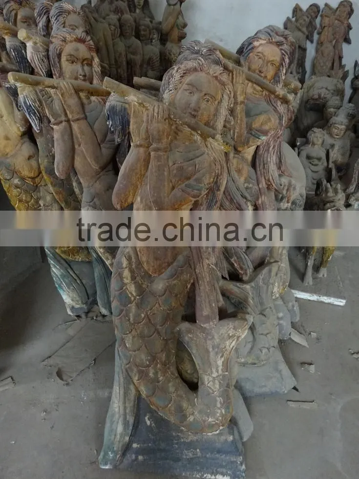 Antique hand made wooden carving sleeping mermaid sculpture,wooden statues,Religious sculptures