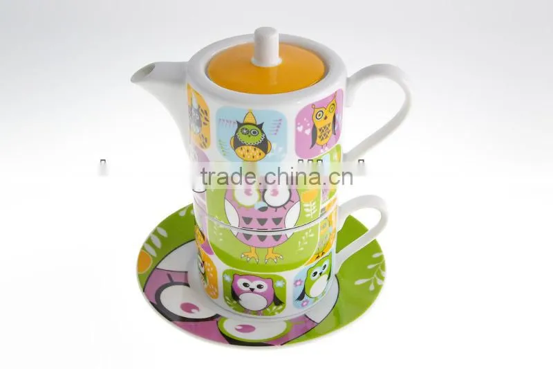 Colorful Owl Pattern Teacup And Saucer 2 Sets Wholesale Porcelain