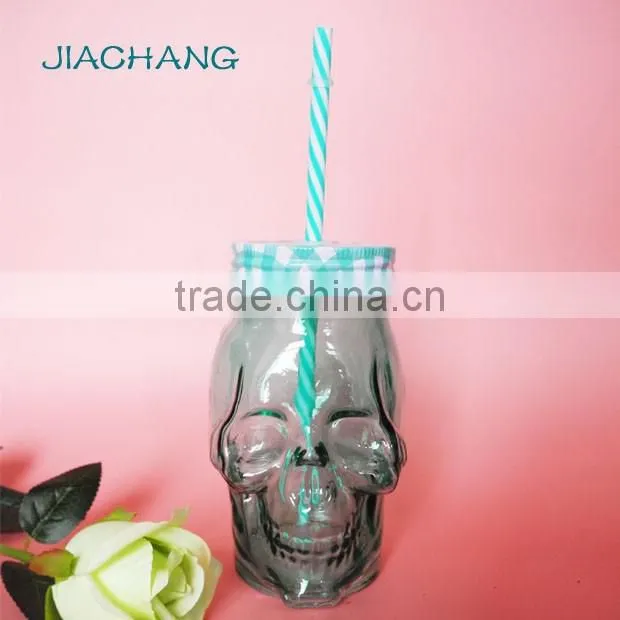 blue skull shape glass beverage coffee jar with blue tin lid