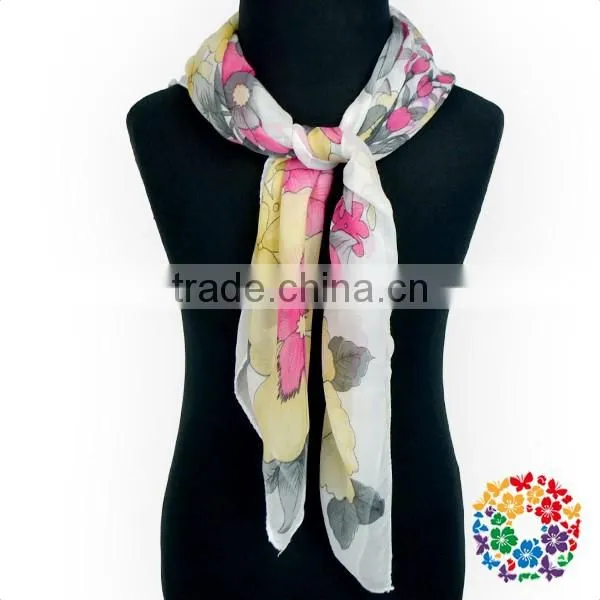 Children Girls Fashion Short Tulle Scarf Tulle Flower Print Hemming Scarf