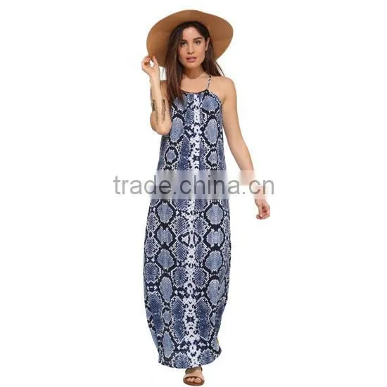 Ladies fashion spaghatti straps snake skin print long chiffon maxi dress