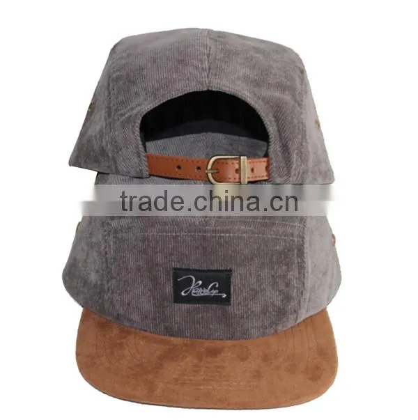 Custom Woven Tag Corduroy Leather Strap Cheap Wholesale 5 Panel Hat
